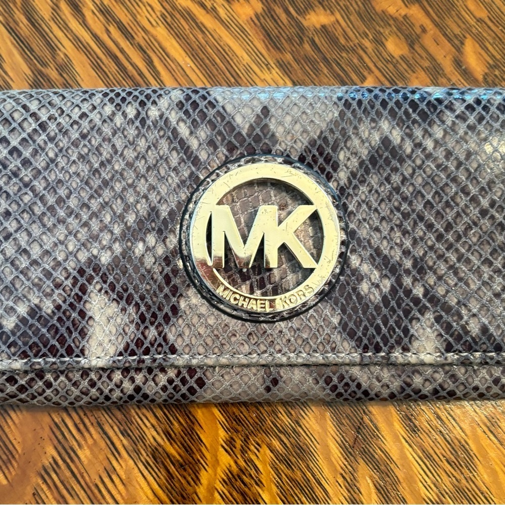 Michael Kors Gray Snake-Embossed Wallet with Gold MK Emble
